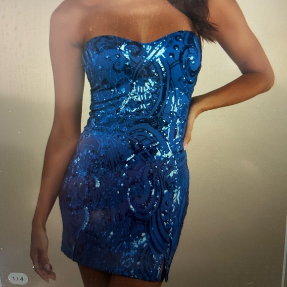 LULUs Elegant Blue Sequin Strapless Dress - Picture 3 of 6